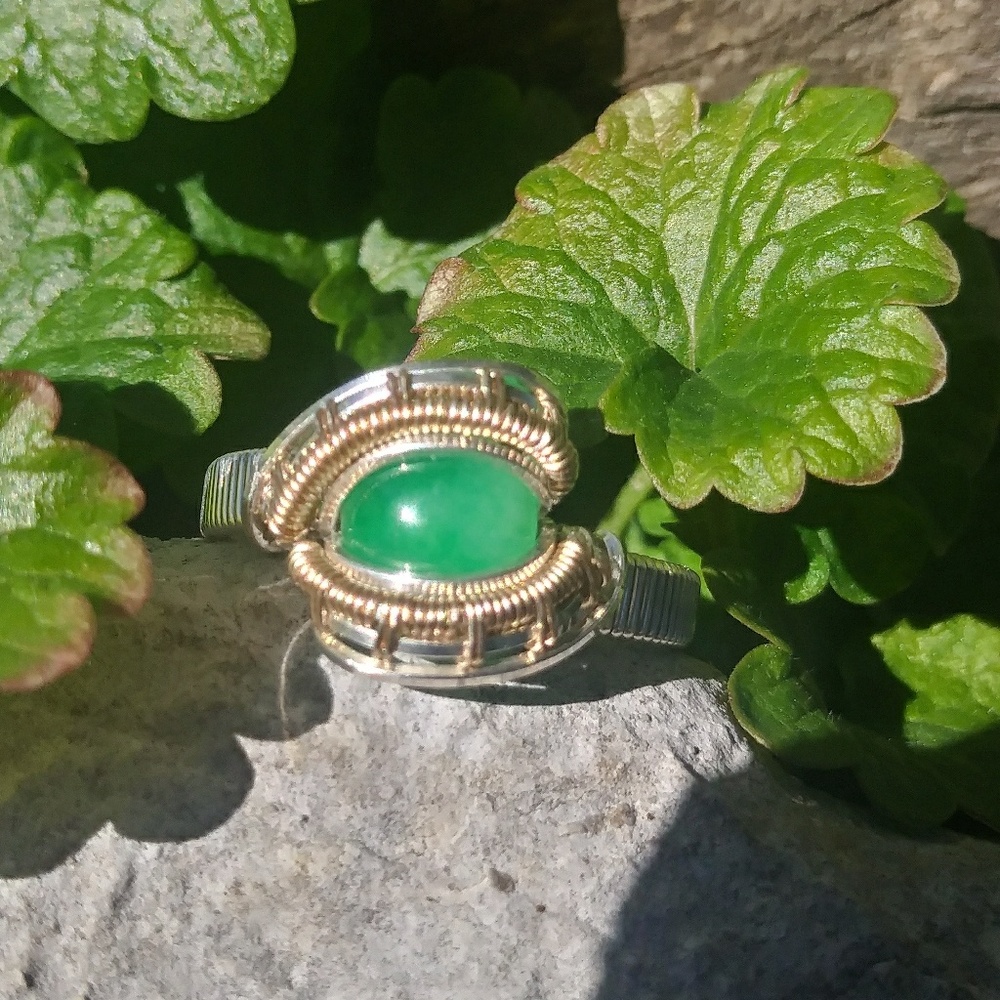 Silver and gold wire wrapped. Dyed jade ring.